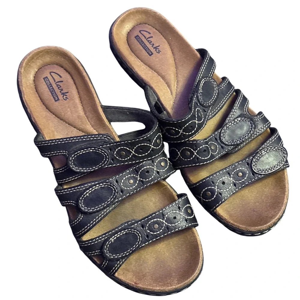 Clarks Collection Black Leather Multi Strap Slide Sandals Size 8 M